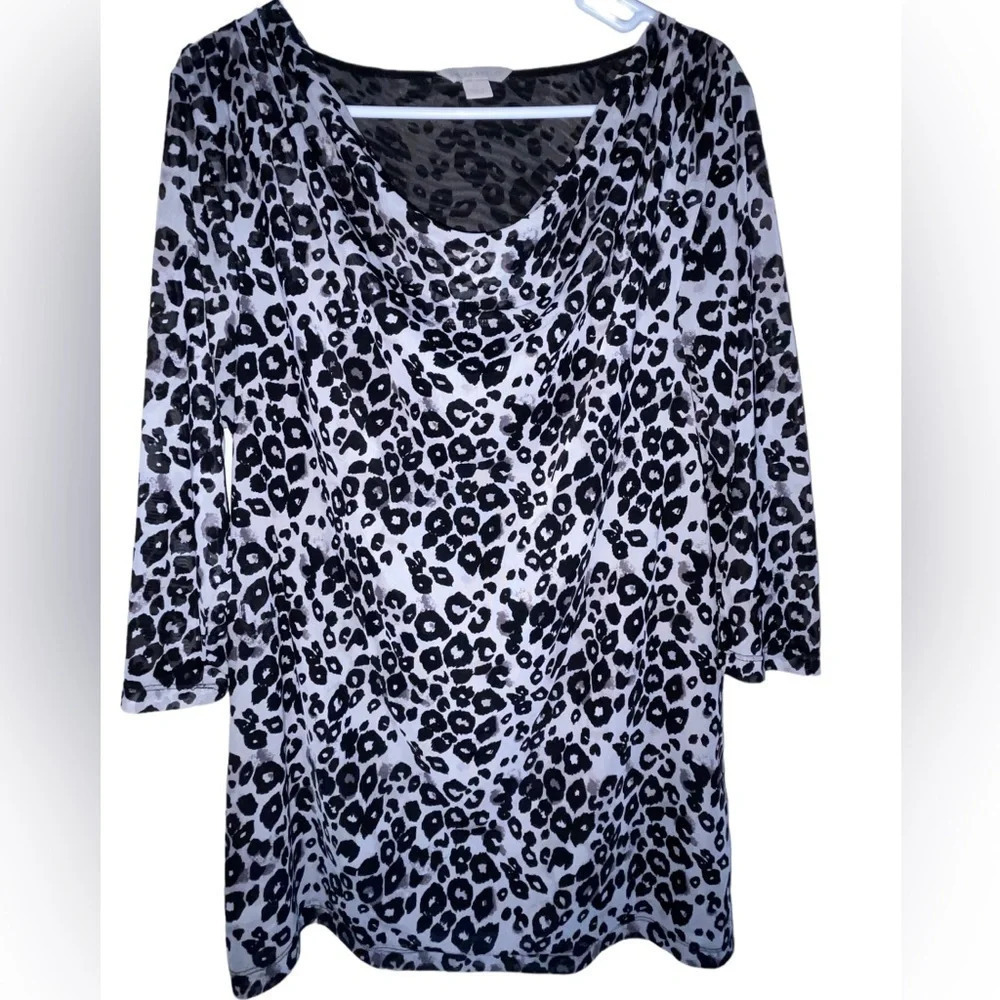 Laura Ashley Gray Leopard Print Cowl Neck 3/4 Sleeve Blouse Size 1X Animal